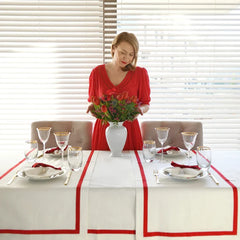 Luxury White Cotton Dining Set with Red Stripe Border