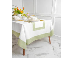 Decorative Cotton Tablecloth - White With Sage Green Bordered