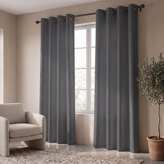 2 PC Plain Dyed Eyelet Curtains with lining-Charcoal Grey