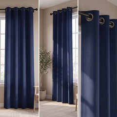 2 PC Plain Dyed Eyelet Curtains with lining-Navy Blue
