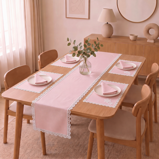 Luxury Cotton Dinning Set With Cute Lace - Pink