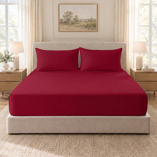 Red Egyptian Cotton Fitted Sheet Set