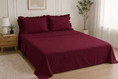 Cotton Flat Bed Sheet With Frilled Pillow Cover- Burgundy