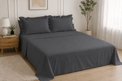 Cotton Flat Bed Sheet With Frilled Pillow Cover- Grey