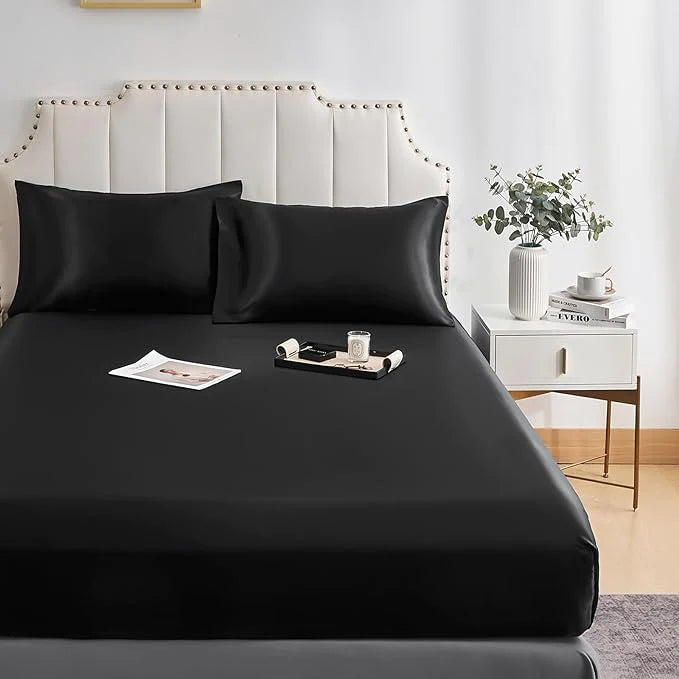 Luxury Egyptian Cotton Satin Fitted Sheet Set - Black - 99 Bedding Store