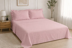 Cotton Flat Bed Sheet With Frilled Pillow Cover- Pink