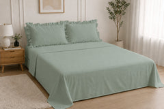 Cotton Flat Bed Sheet With Frilled Pillow Cover- sage Green