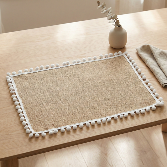 Jute Tolley Mat Set With Cute Pom poms - Brown