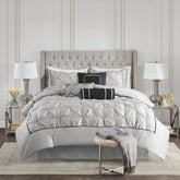 Diamond Pintuck With Piping Cotton Satin Duvet Cover Set - SIlver