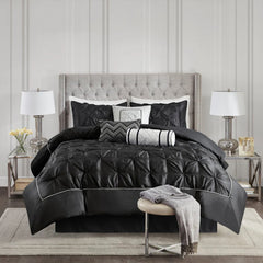 Diamond Pintuck With Piping Cotton Satin Duvet Cover Set - Black