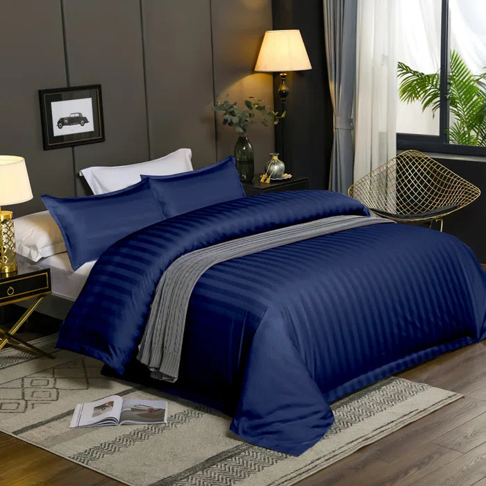 Luxury100% Egyptian Cotton Satin Stripe Duvet Cover Sets Navy Blue - 99 Bedding Store