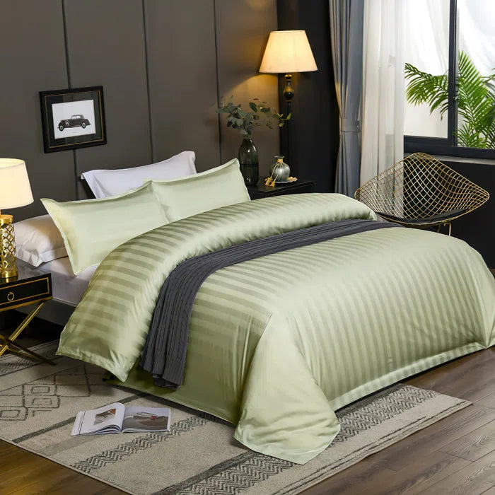 Luxury100% Egyptian Cotton Satin Stripe Duvet Cover Sets Light Lime - 99 Bedding Store