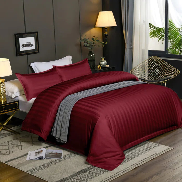 Luxury100% Egyptian Cotton Satin Stripe Duvet Cover Sets Burgundy - 99 Bedding Store