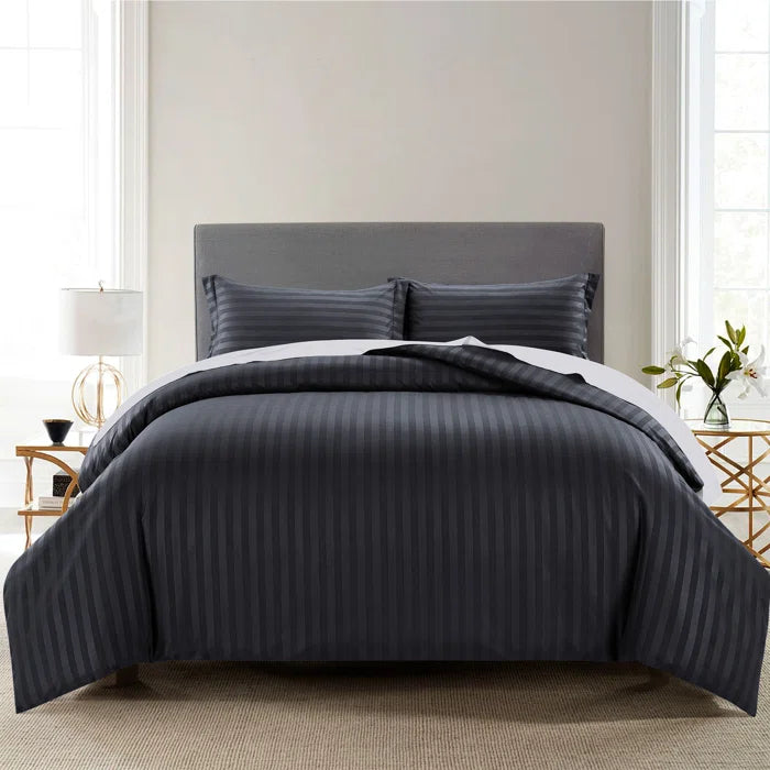 Luxury100% Egyptian Cotton Satin Stripe Duvet Cover Sets Charcoal Grey - 99 Bedding Store