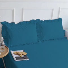 Cotton Fitted Sheet With Frilled Pillow Cover-Teal BLue - 99 Bedding Store