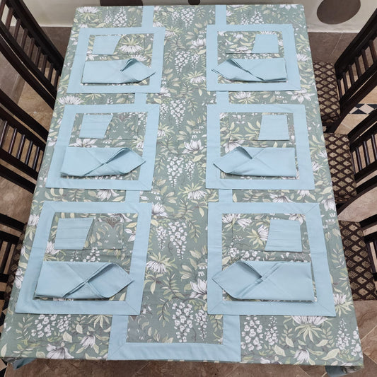 Aqua Bordered Printed Cotton Reversable Dinning Set - Green Garden