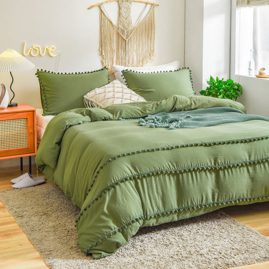 Luxury Cotton Satin Pom Fringe Duvet Cover Set- Olive Green - 99 Bedding Store