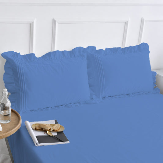 Cotton Fitted Sheet With Frilled Pillow Cover- Blue