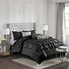Diamond Pintuck With Piping Cotton Satin Duvet Cover Set - Black