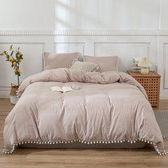 Cotton Duvet Cover Set With Pom Poms -