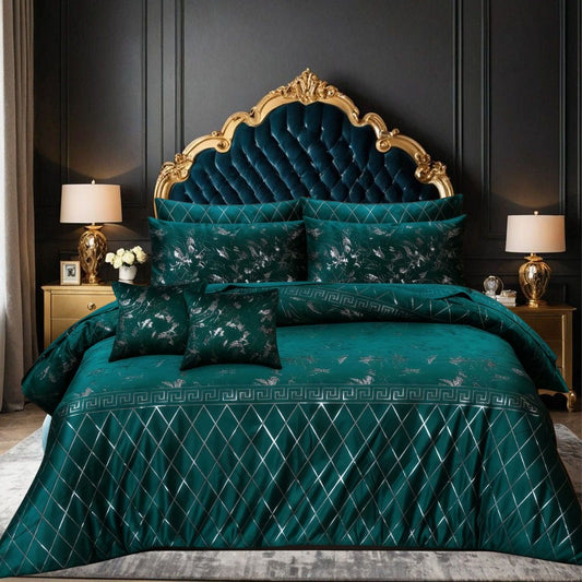 8 Pcs Greek Border Velvet Duvet Cover Set - Embreld Green