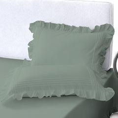 Cotton Fitted Sheet With Frilled Pillow Cover- Sage Green