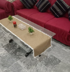 Jute Table Runner brown with pom pom