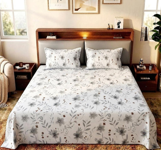 Blossom Grey Printed Double Bed sheet