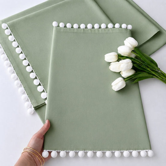Luxury Cotton Dinning Set With Cute Pom pom -Sage Green
