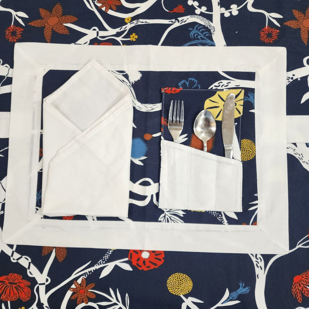 Dove White Bordered Printed Cotton Reversable Dinning Set - Blue Blossom