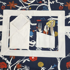 Dove White Bordered Printed Cotton Reversable Dinning Set - Blue Blossom