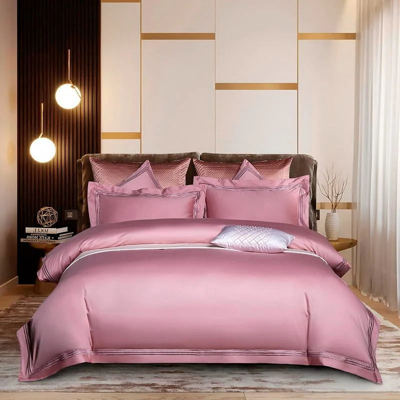 Embroidered Cotton Satin Luxury Baratta Stitch Tetra Line Duvet Set-Pink - 99 Bedding Store