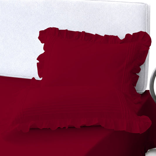 Cotton Fitted Sheet With Frilled Pillow Cover- Red