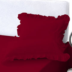 Cotton Fitted Sheet With Frilled Pillow Cover- Red