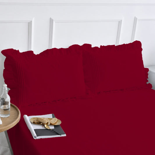 Cotton Fitted Sheet With Frilled Pillow Cover- Red
