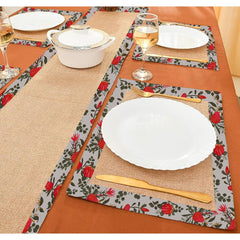 Jute Dinning Set With Border- Red Roses