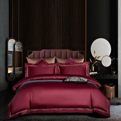 Embroidered Cotton Satin Luxury Baratta Stitch Tetra Line Duvet Set-Wine Red - 99 Bedding Store