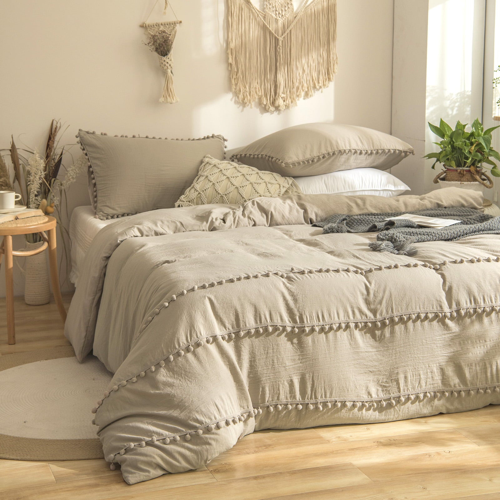 Luxury Cotton Satin Pom Fringe Duvet Cover Set- Khaki - 99 Bedding Store