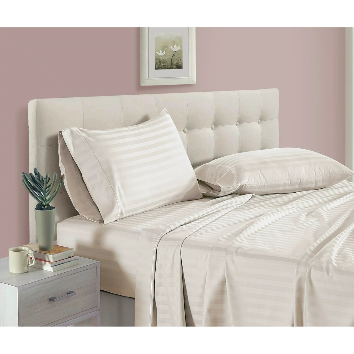 Luxury Strip Satin Bed sheet Set - Off White - 99 Bedding Store