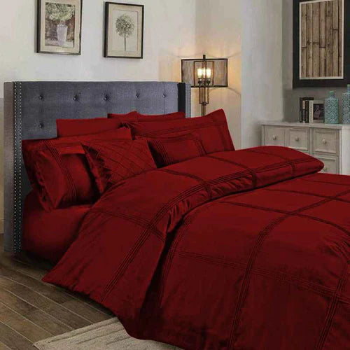 Square Pleated Cotton Quilt Cover Set - Maroon - 99 Bedding Store