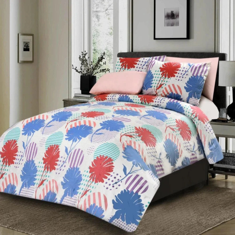 Cotton Printed Double Bed sheet Red and Blue Flowral - 99 Bedding Store