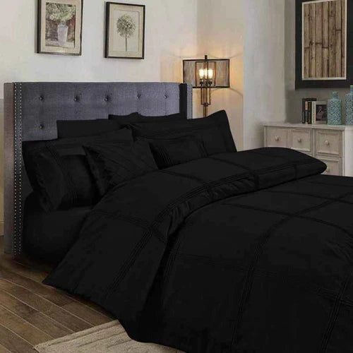 Square Pleated Cotton Quilt Cover Set - Black