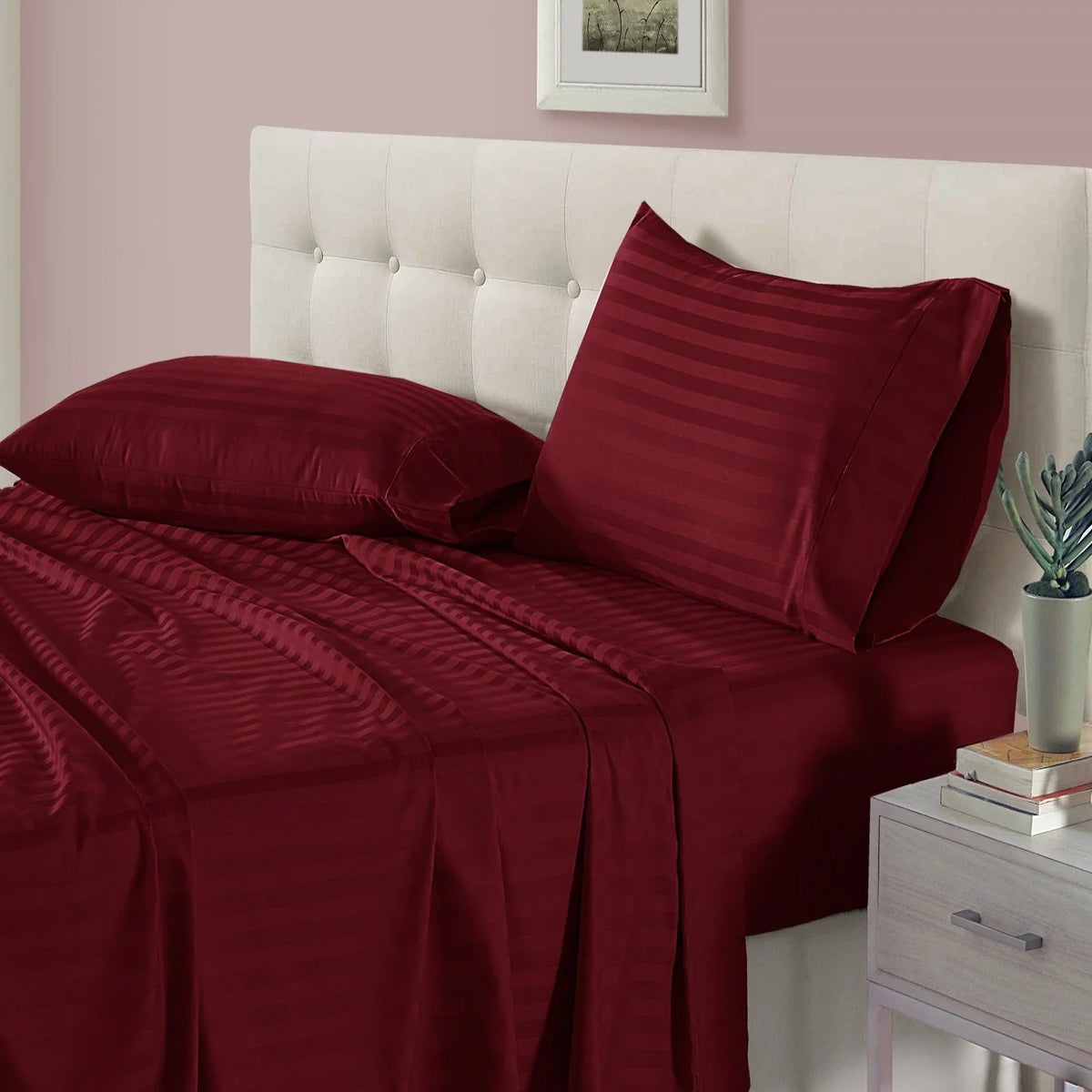 Luxury Satin Stripe  Fitted sheet set Burgundy