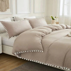 Luxury Cotton Duvet Cover Set With Pom Pom  - Dark Beige