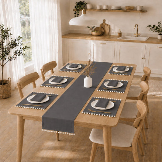 Luxury Cotton Dinning Set With Cute Pom pom - Grey