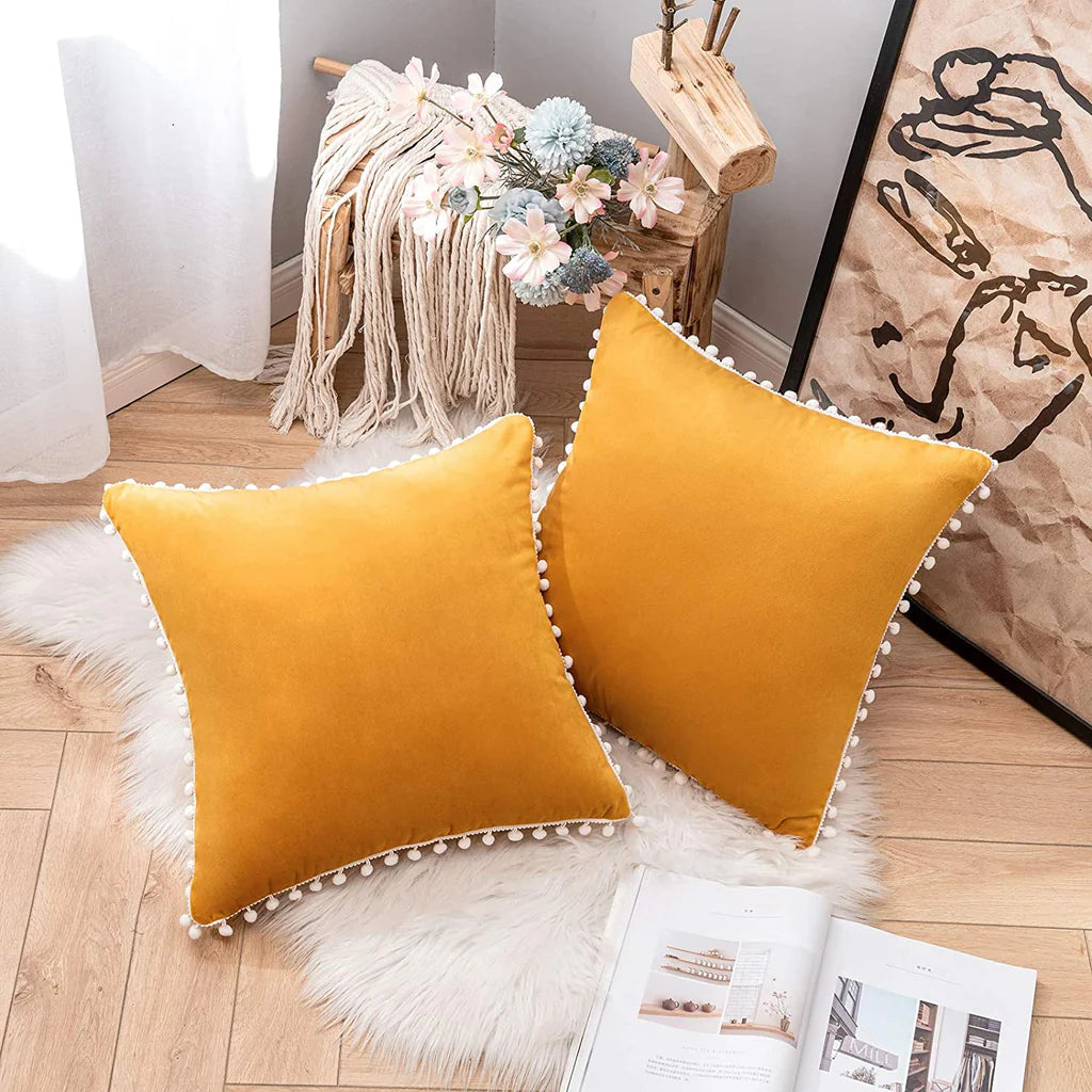 Pack Of 2 Velvet Decorative with Cute Pom - Poms Cushions - 99 Bedding Store