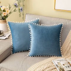 Pack Of 2 Velvet Decorative with Cute Pom - Poms Cushions - 99 Bedding Store