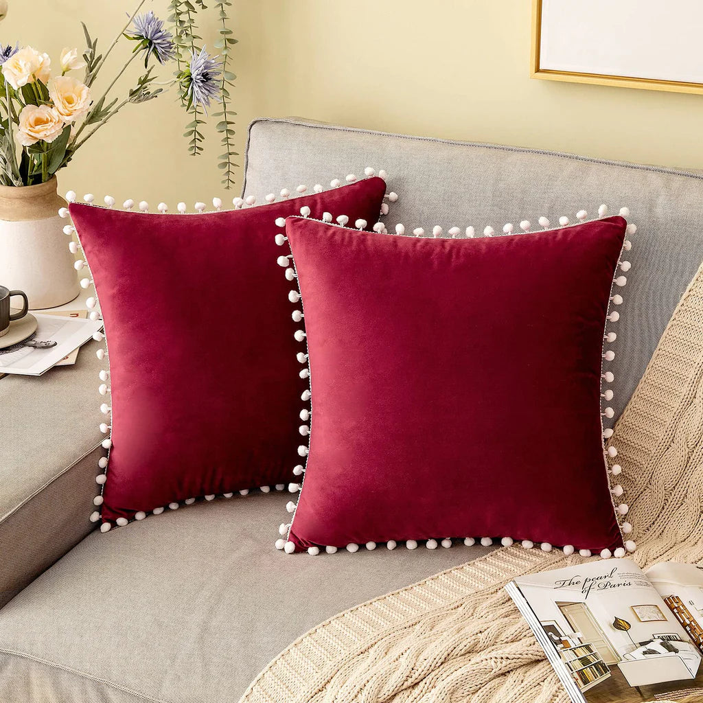 Pack Of 2 Velvet Decorative with Cute Pom - Poms Cushions - 99 Bedding Store