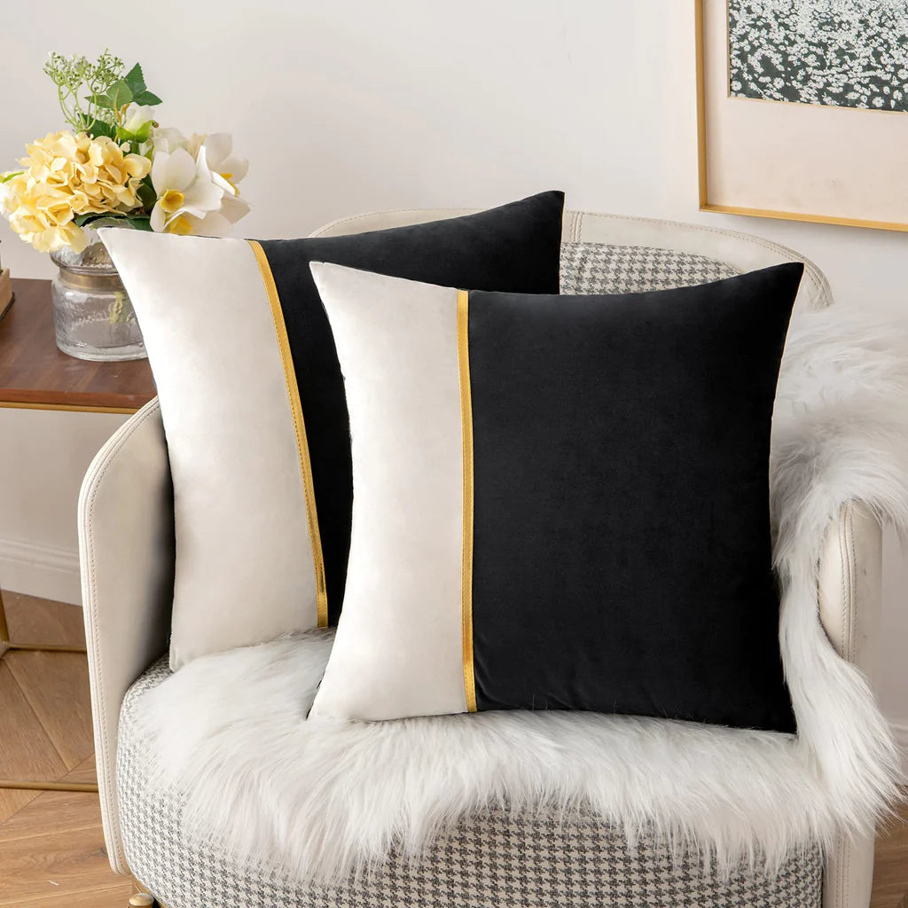 Pack Of 2 Velvet Patchwork with Golden Ribon Cushions - 99 Bedding Store