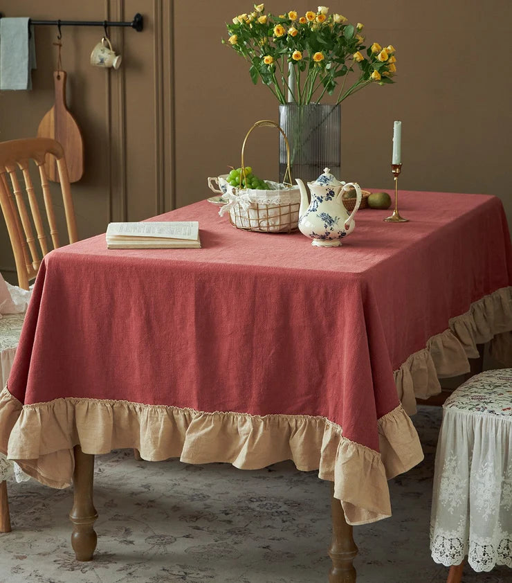 Decorative Cotton Tablecloth - Burgundy With Beige Frilled Bordered